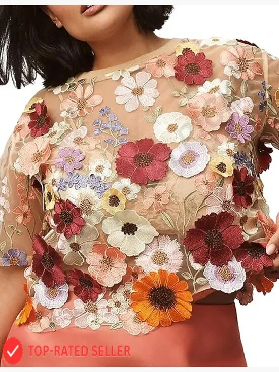 Sheer Lace Blouse 3D Embroidered Floral Short Sleeve Crew Neck Chic Top - Picture 1 of 6